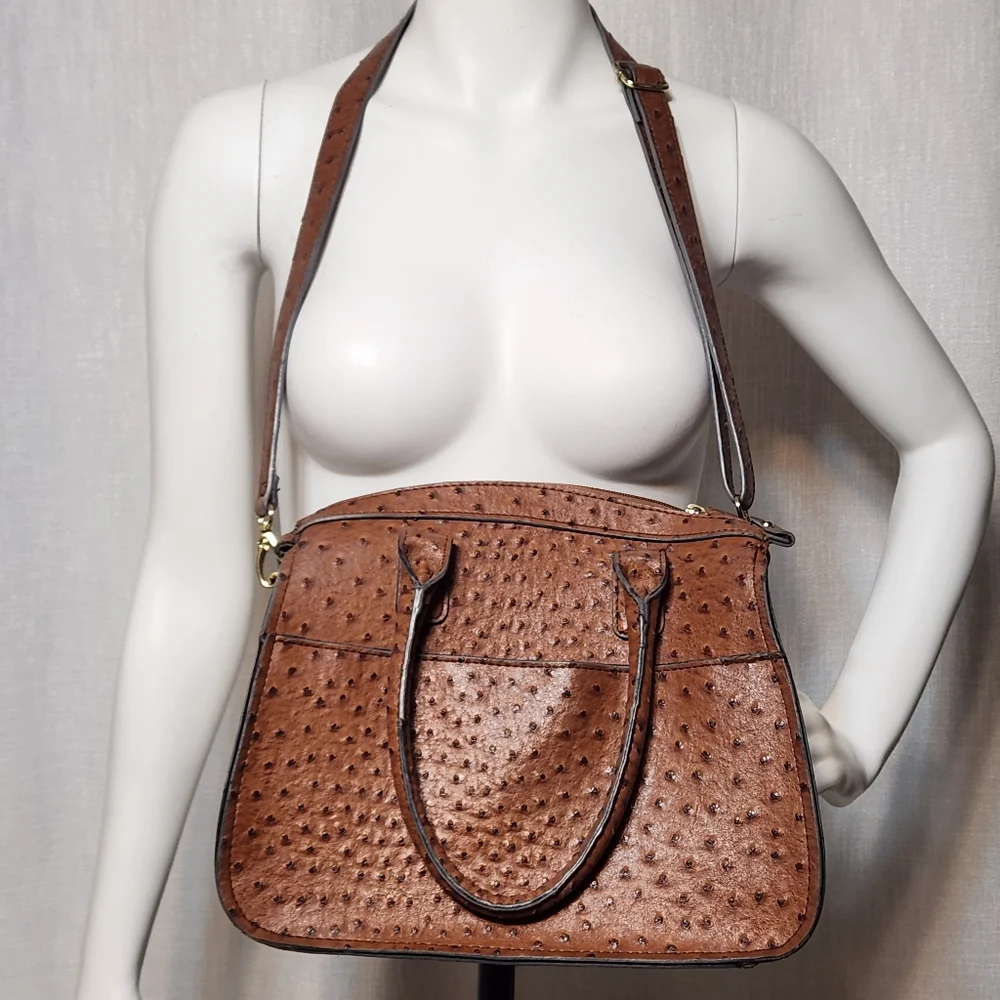 London Fog Brown Faux Leather Ostrich Satchel Bag w/ Detachable Strap
